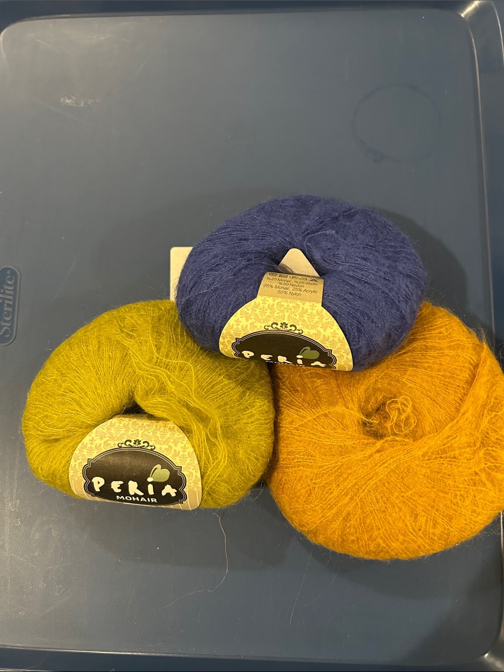 Peria Mohair Yarn - Cadet Blue, Apple Green, Mustard, 3 Skein Lot